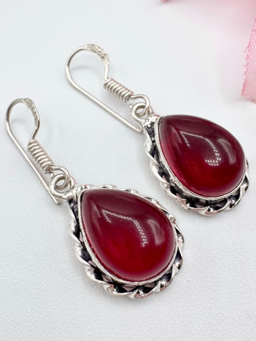 Fashion Jewelry Deep Red Glass Teardrop Silver Tone Dangle Earrings